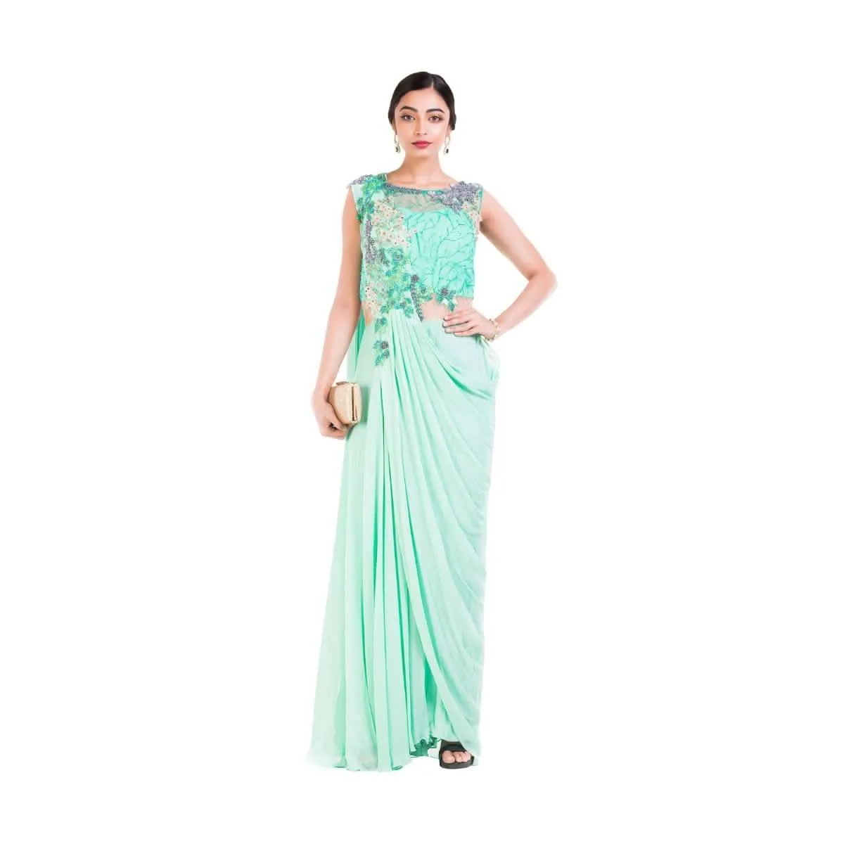 Aquamarine Draped Jumpsuit Saree