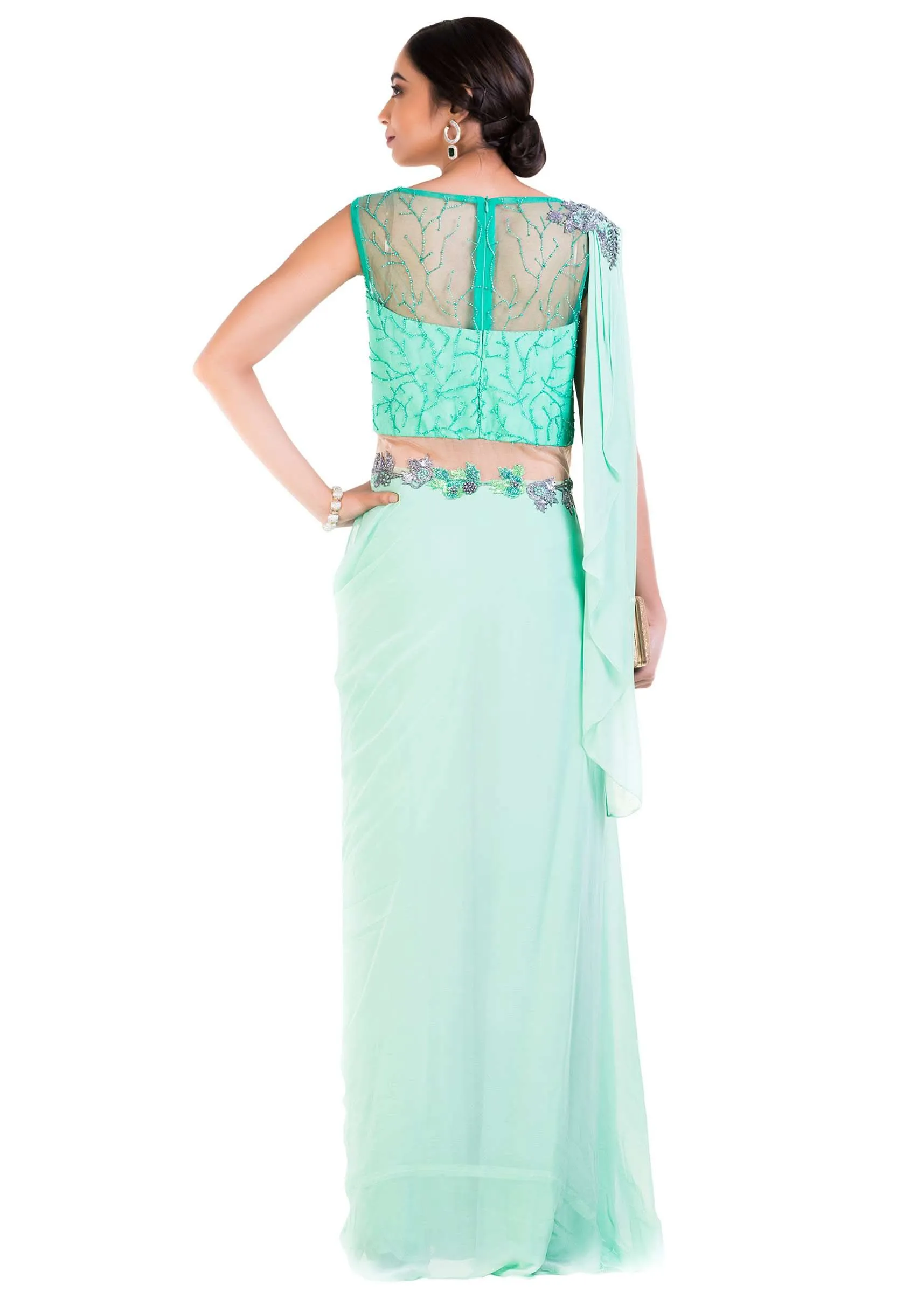 Aquamarine Draped Jumpsuit Saree