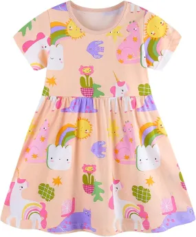 BeiVSlley Baby Girls Cotton Dress - Short Sleeve Toddler Summer Dresses, Kids Comfy Twirl A-Line Sundress for 2-7T