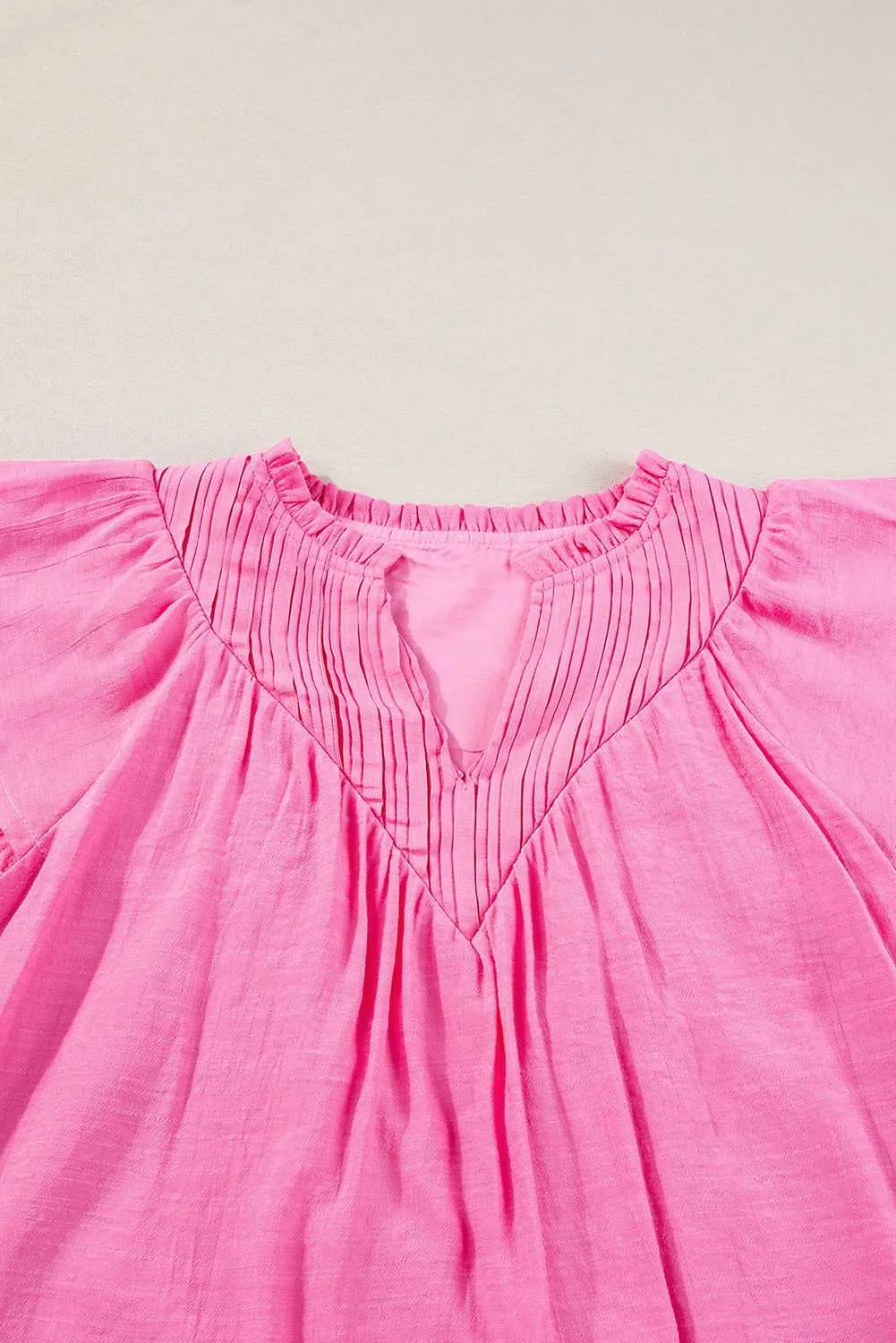 Bright Pink Frill V Neck Splicing Pleated Blouse - Chic Style