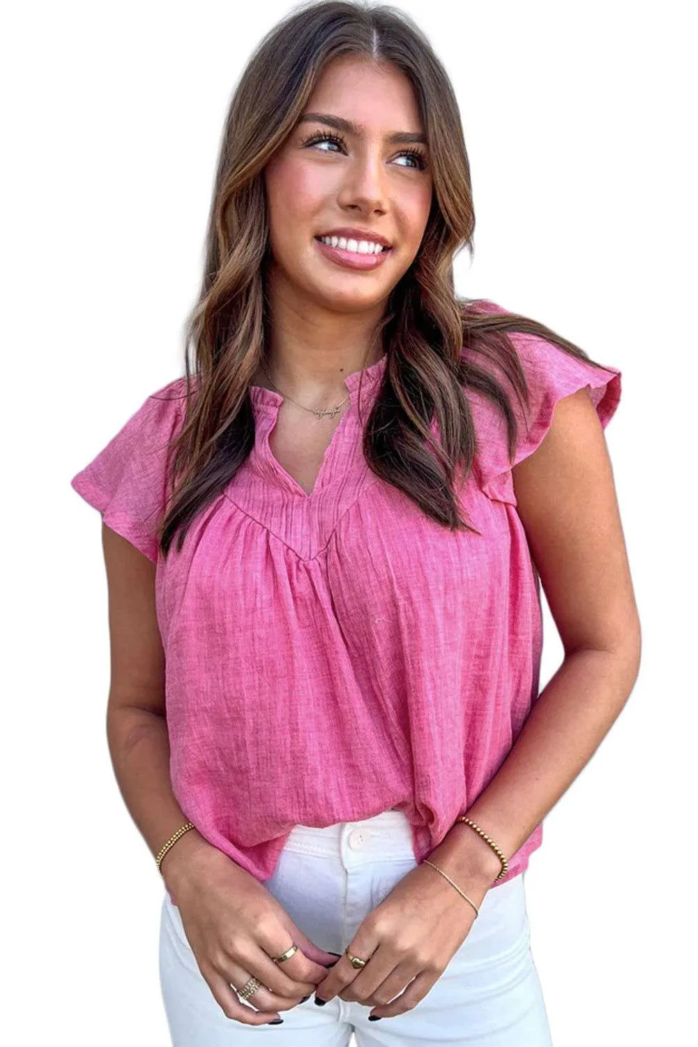 Bright Pink Frill V Neck Splicing Pleated Blouse - Chic Style
