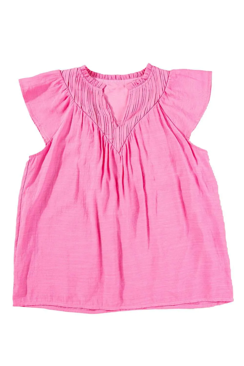 Bright Pink Frill V Neck Splicing Pleated Blouse - Chic Style