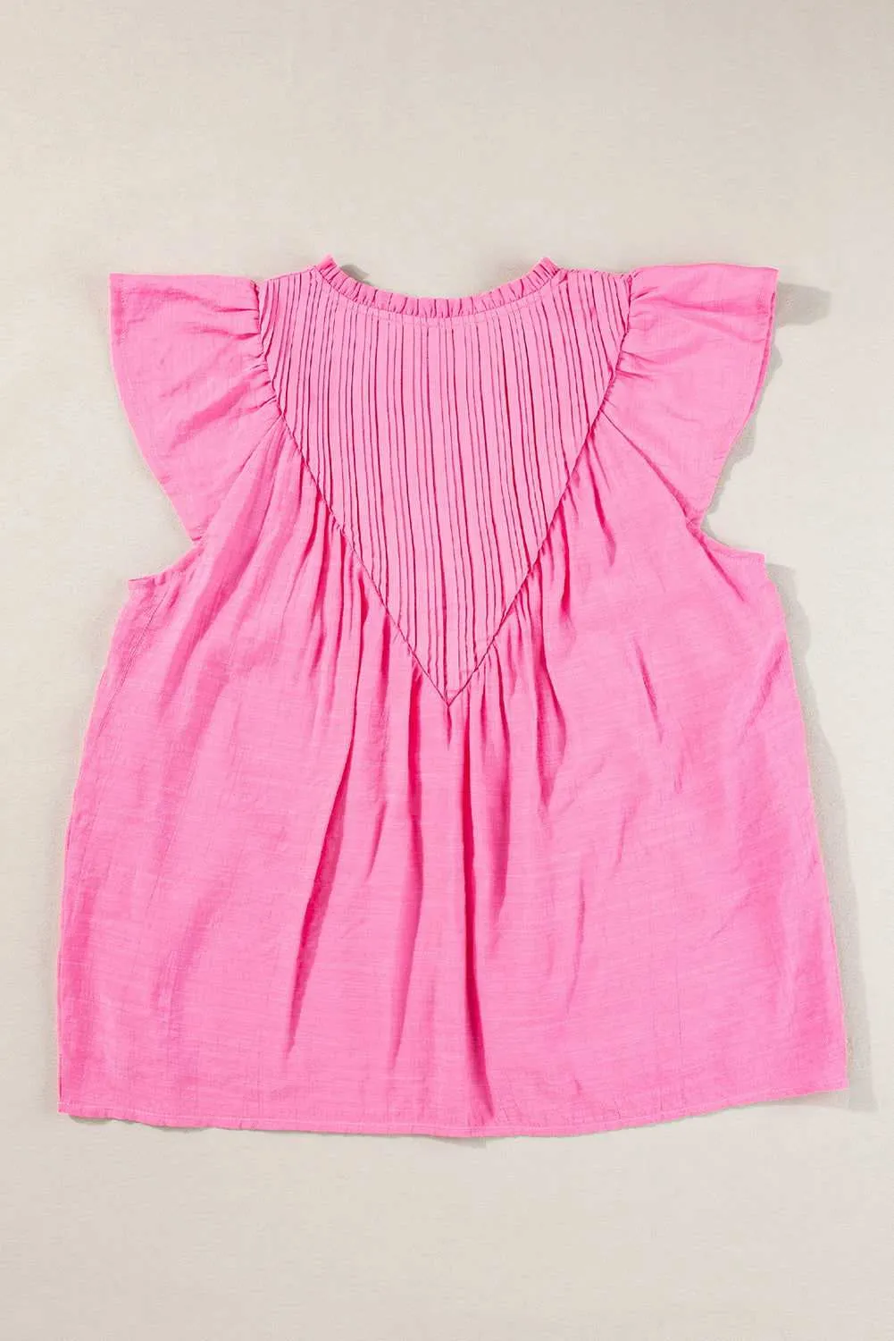 Bright Pink Frill V Neck Splicing Pleated Blouse - Chic Style