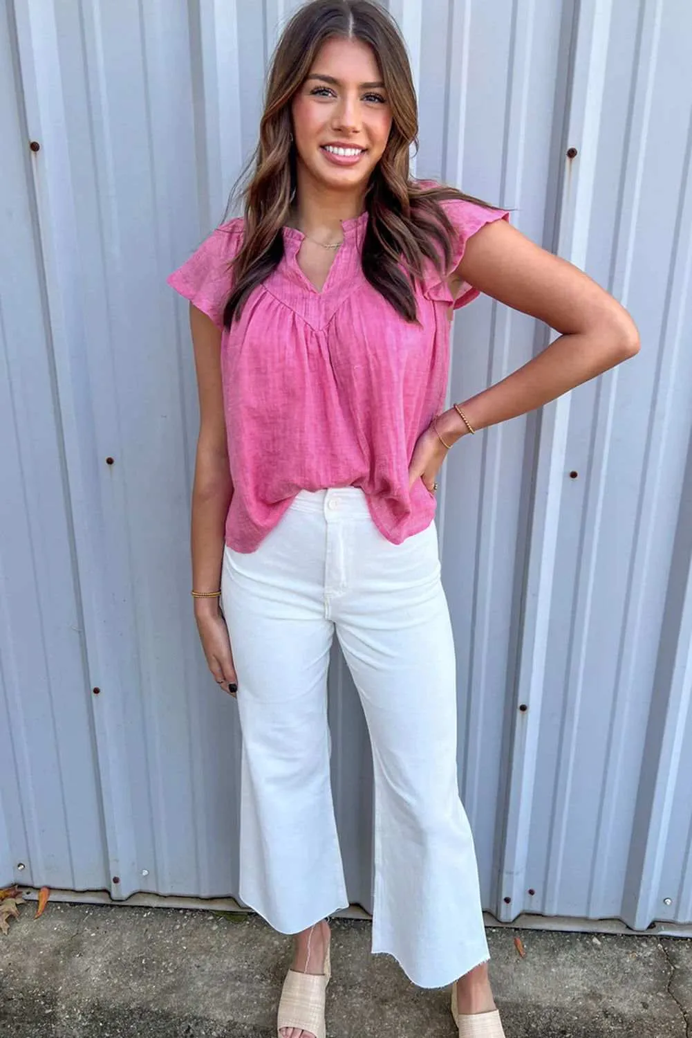 Bright Pink Frill V Neck Splicing Pleated Blouse - Chic Style
