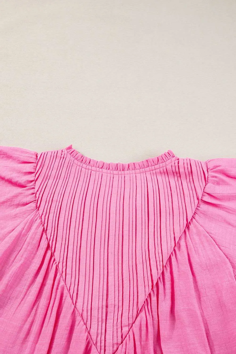Bright Pink Frill V Neck Splicing Pleated Blouse - Chic Style