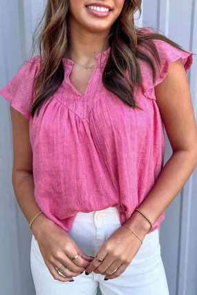Bright Pink Frill V Neck Splicing Pleated Blouse - Chic Style