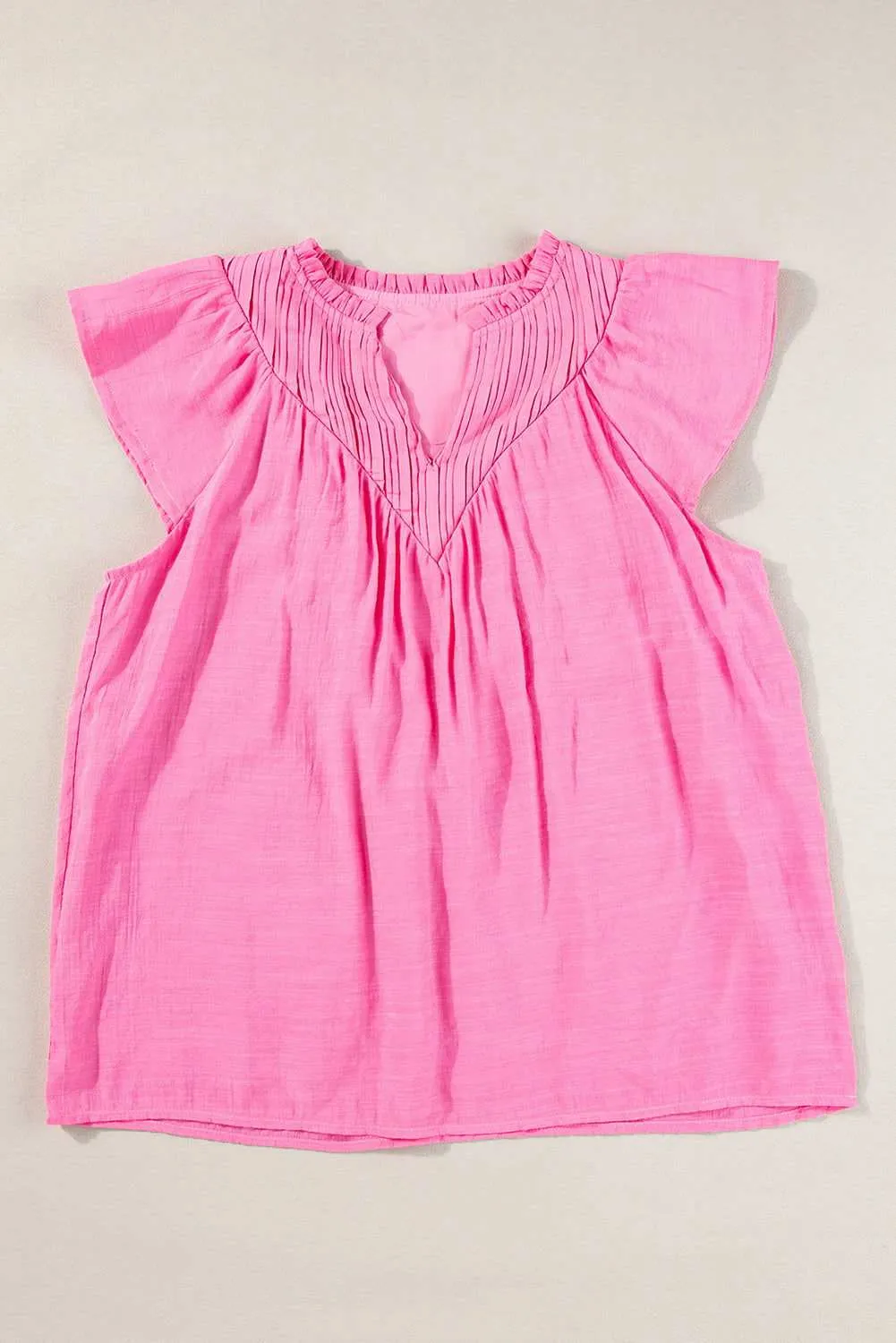 Bright Pink Frill V Neck Splicing Pleated Blouse - Chic Style