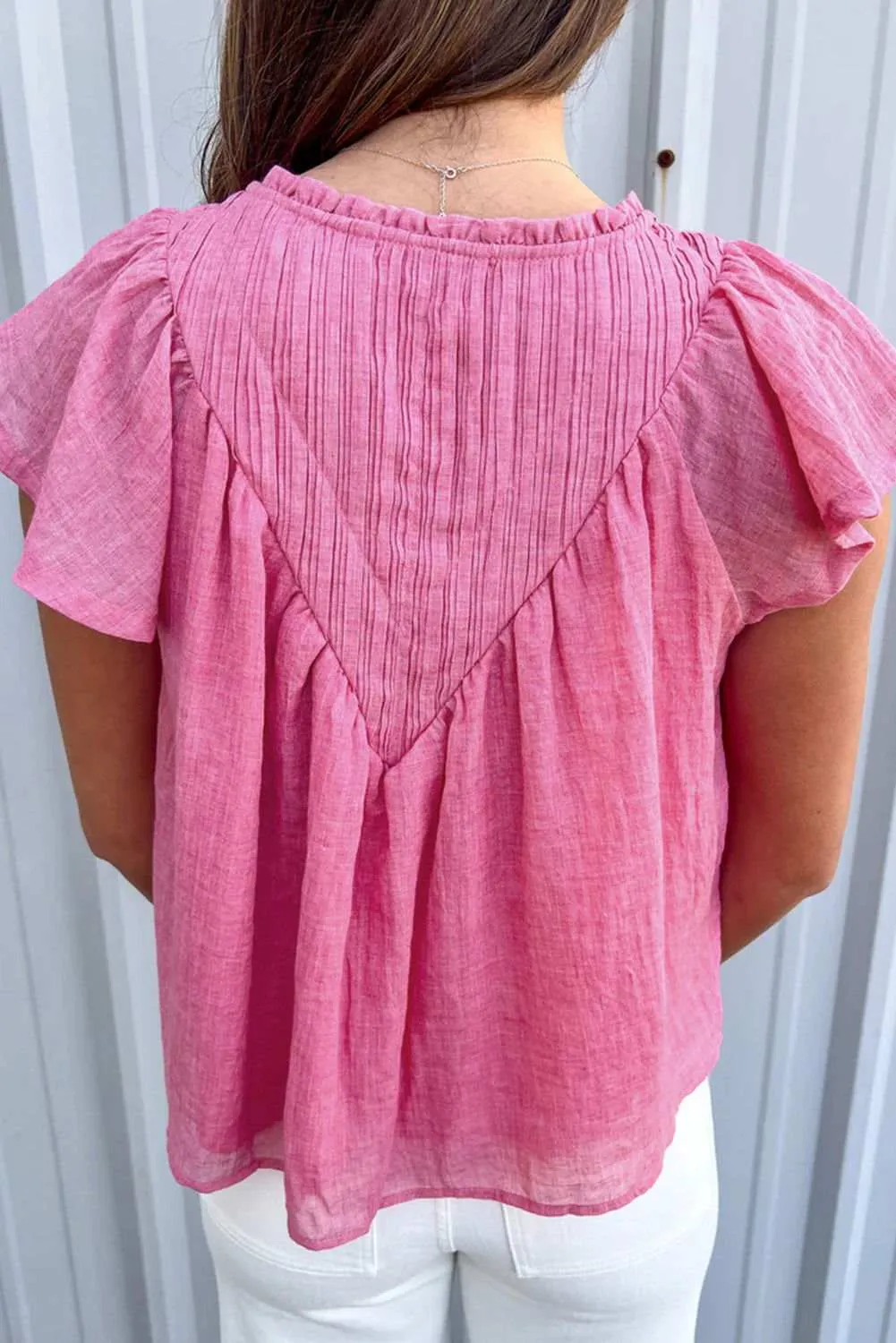 Bright Pink Frill V Neck Splicing Pleated Blouse - Chic Style