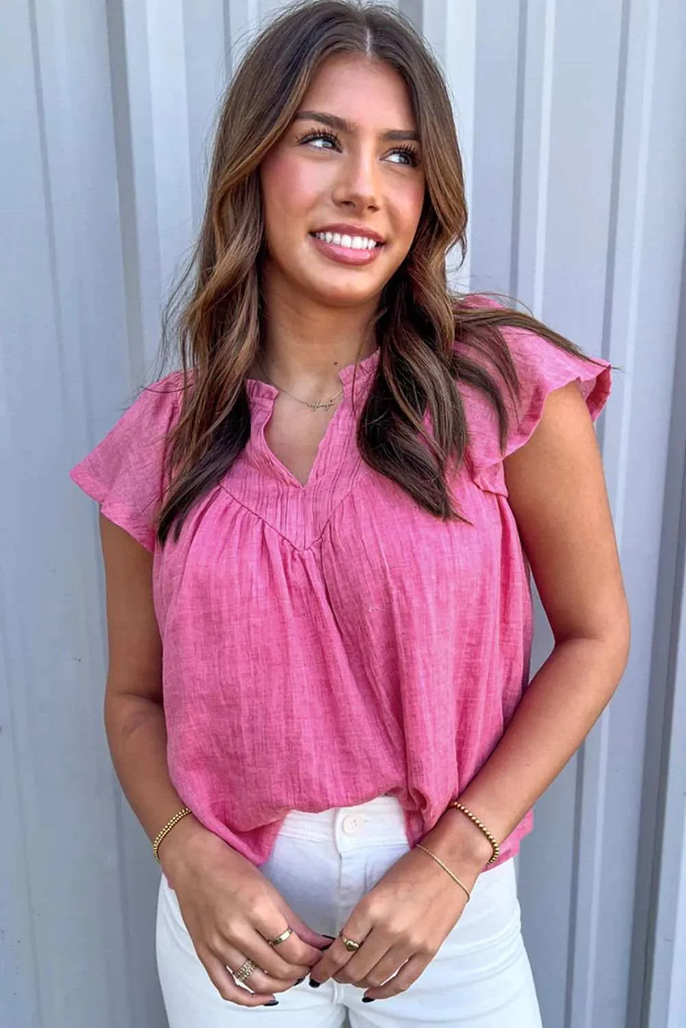 Bright Pink Frill V Neck Splicing Pleated Blouse - Chic Style