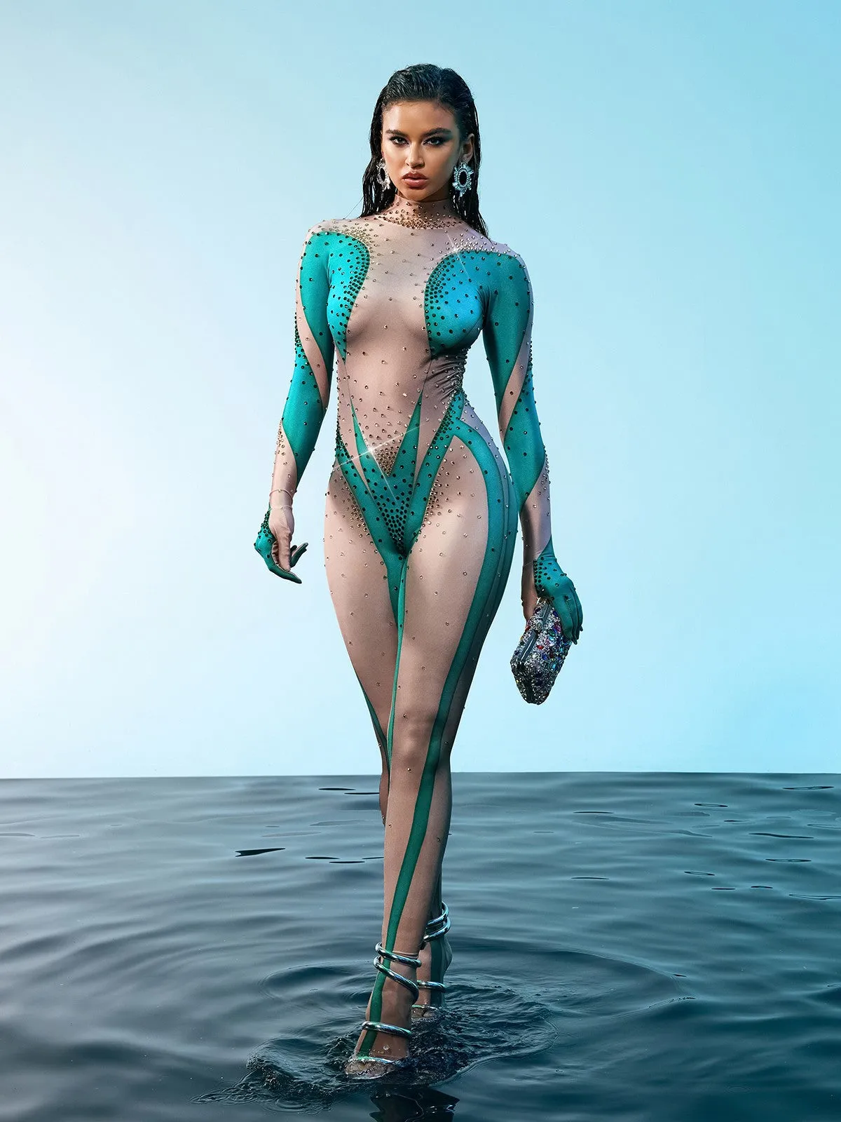 Carmelo Body Printed Rhinestone Gloves Jumpsuit In Green
