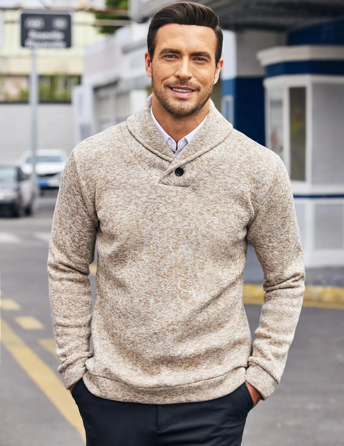 COOFANDY Men Dress Sweater Shawl Collar Sweatshirt Fashion Light Fleece Sweatshirt Dark Blue