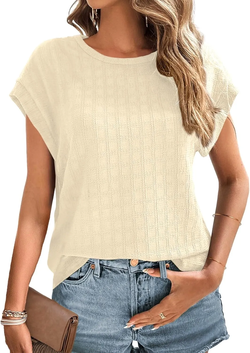 Dokotoo Womens Blouses Summer Casual Cap Short Sleeve Tops Basic Textured Solid Color Round Neck T Shirts Blouse