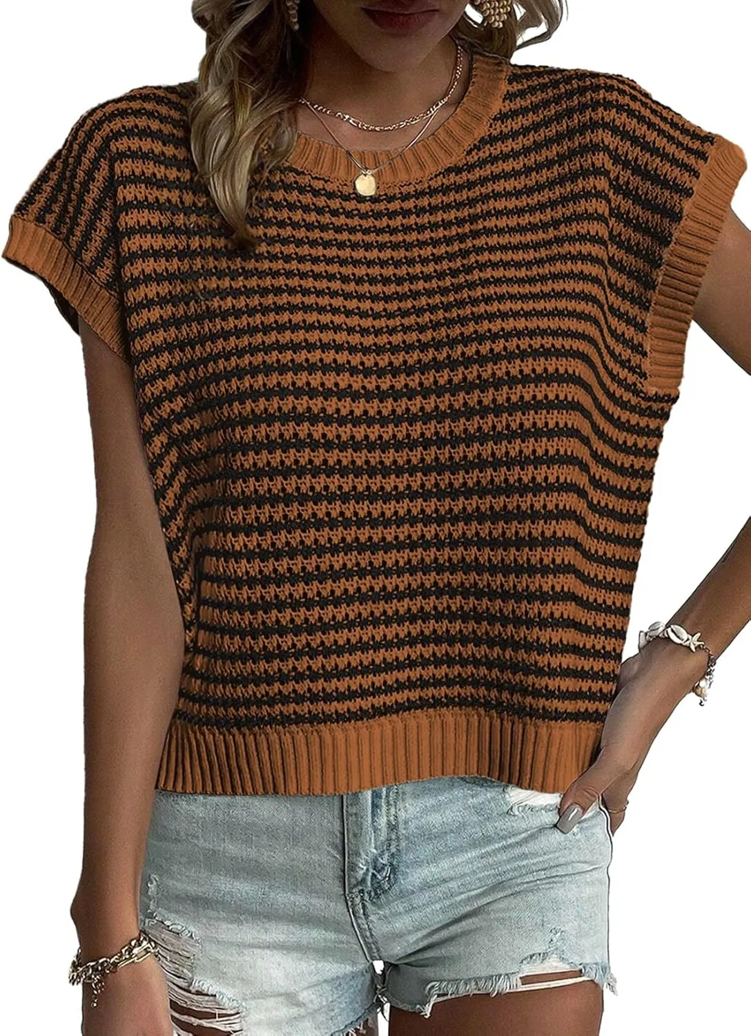 EVALESS Women's Sweater Vest Striped Pullover Tank Top Round Neck Cap Sleeve Lightweight 2025 Summer Casual Clothes