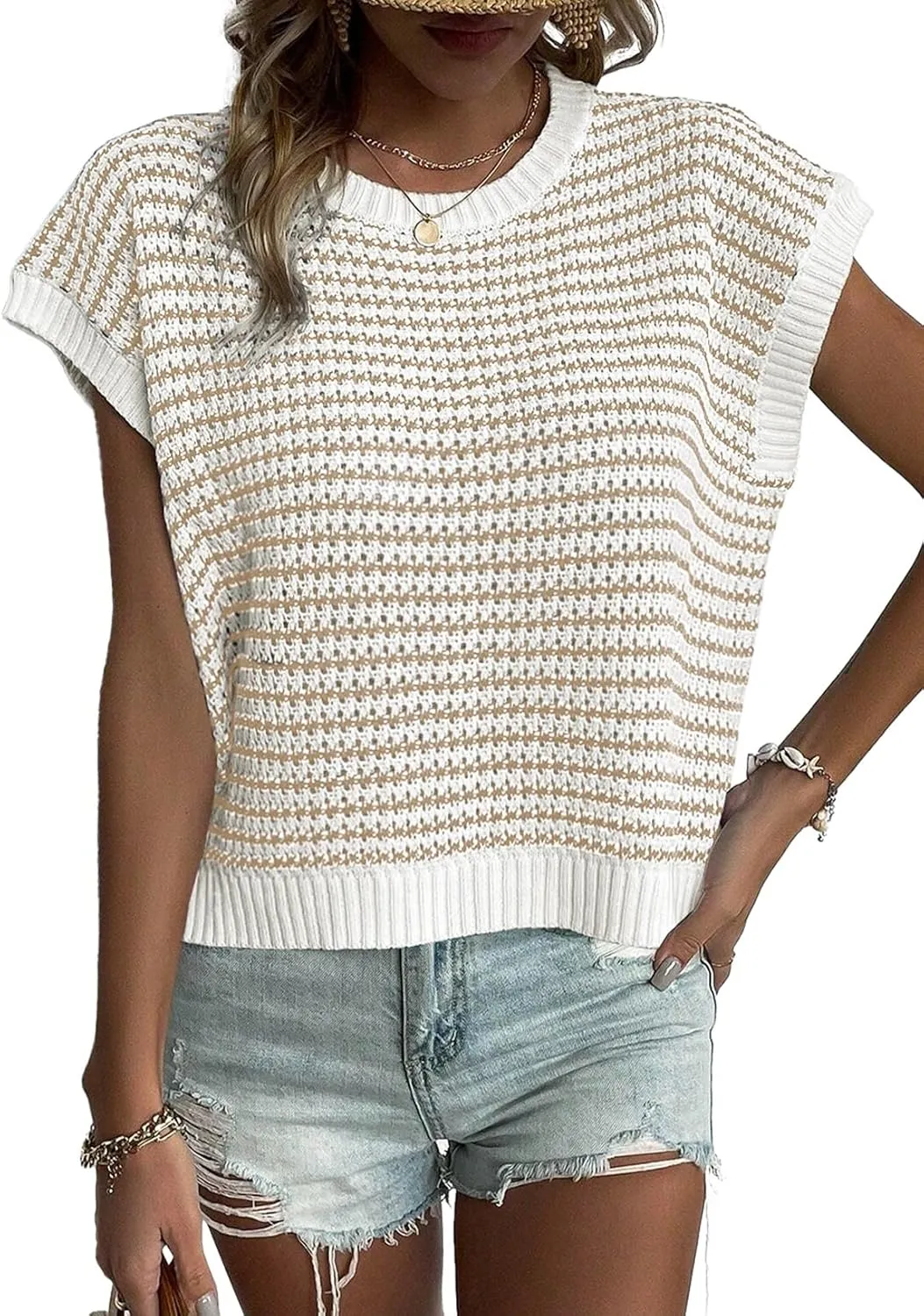 EVALESS Women's Sweater Vest Striped Pullover Tank Top Round Neck Cap Sleeve Lightweight 2025 Summer Casual Clothes