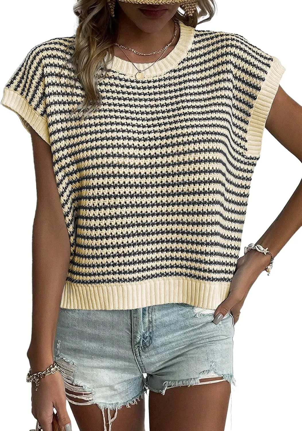EVALESS Women's Sweater Vest Striped Pullover Tank Top Round Neck Cap Sleeve Lightweight 2025 Summer Casual Clothes