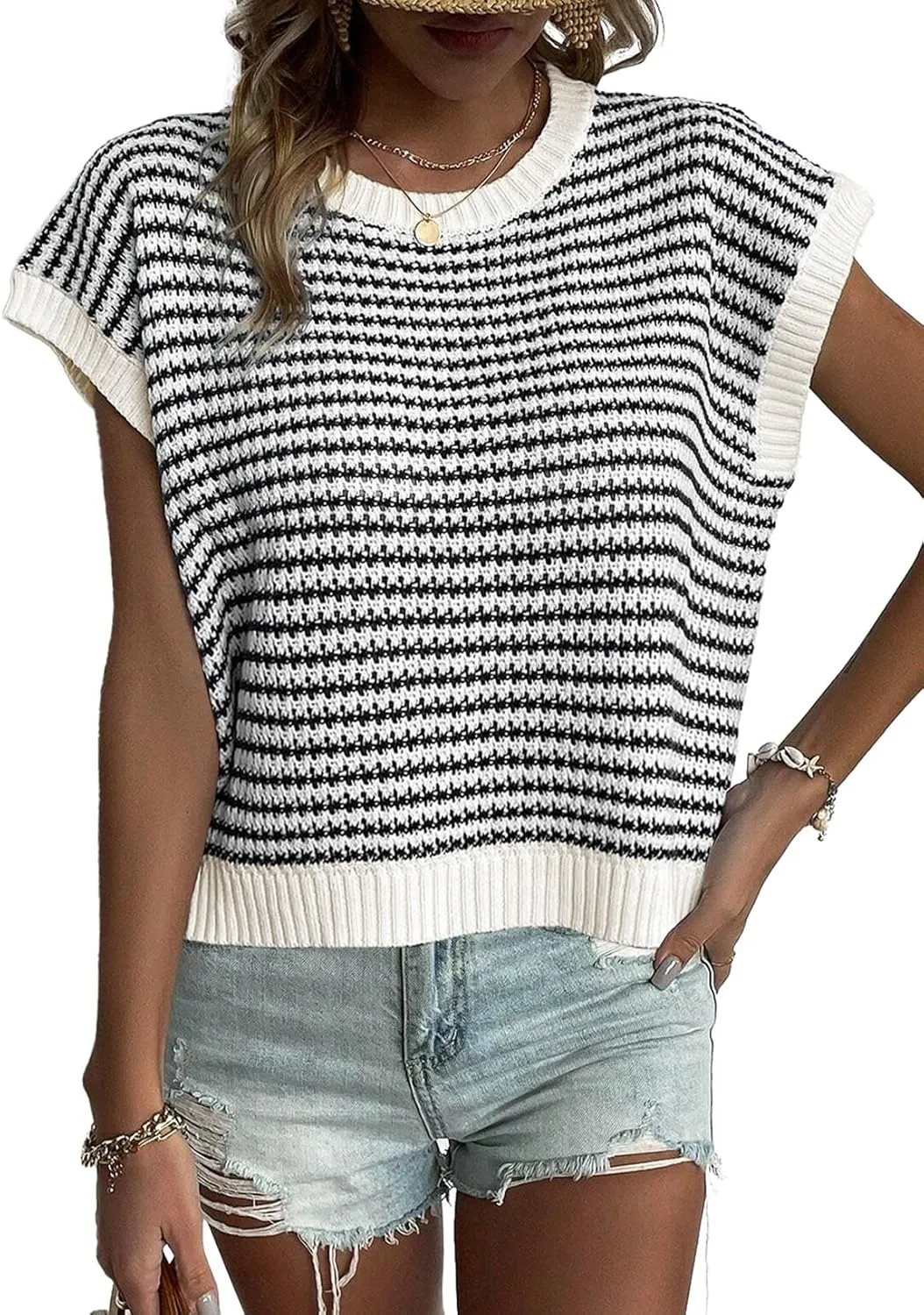 EVALESS Women's Sweater Vest Striped Pullover Tank Top Round Neck Cap Sleeve Lightweight 2025 Summer Casual Clothes