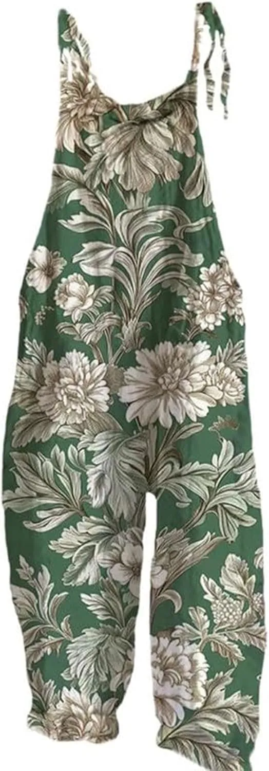 Floral Printed Bohemian Jumpsuits for Women Sleeveless Spaghetti Strap Rompers Wide Leg Loose Casual with Pockets