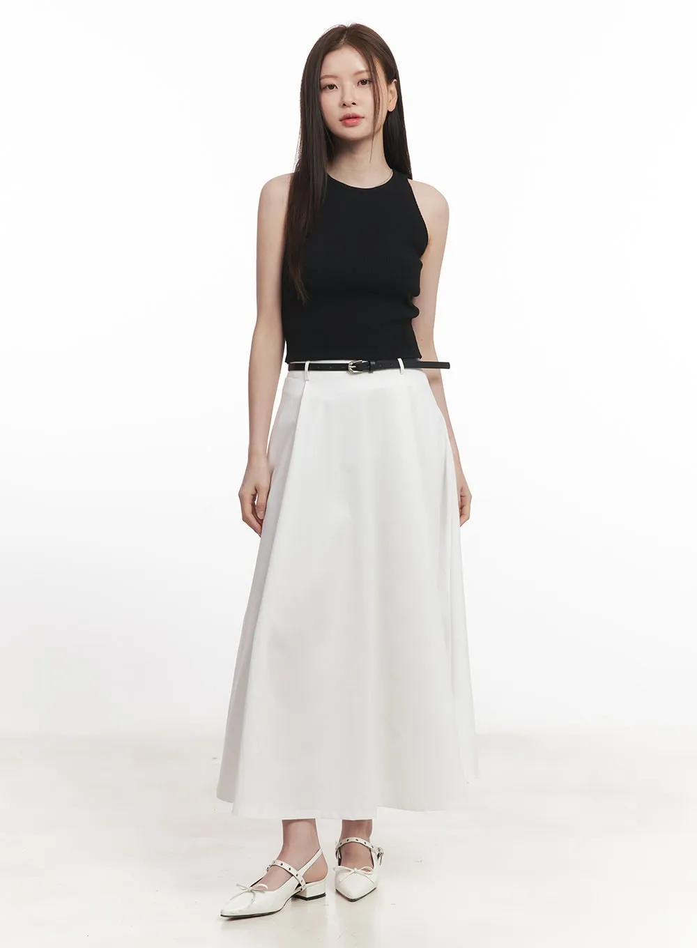 Flowy Pintuck Flare Maxi Skirt with Belt CA501
