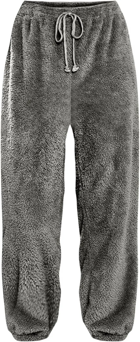 GOKKILRW Womens Fuzzy Pajamas Loung Pants Winter Cozy Warm Soft Lounge Pjs Pants Soft Fleece Plush Pajama Bottoms Sleepwear