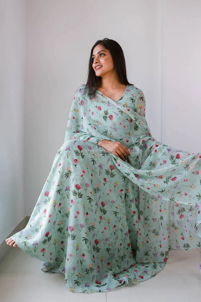 Green Printed Georgette Skirt with Dupatta