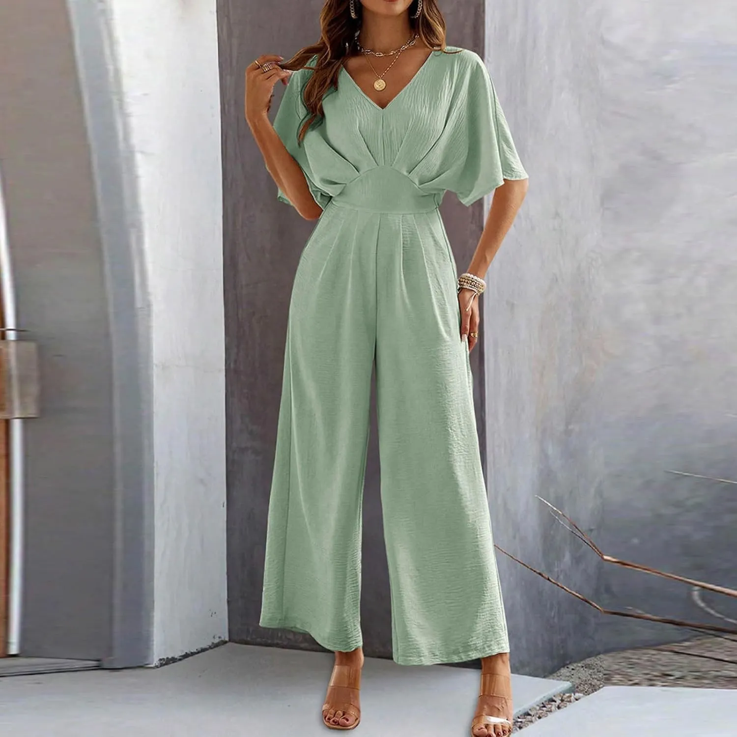 HGps8w Jumpsuits for Women Dressy One Piece Outfits Elegant Pleated V Neck High Waisted Wide Leg Pants Rompers with Pockets