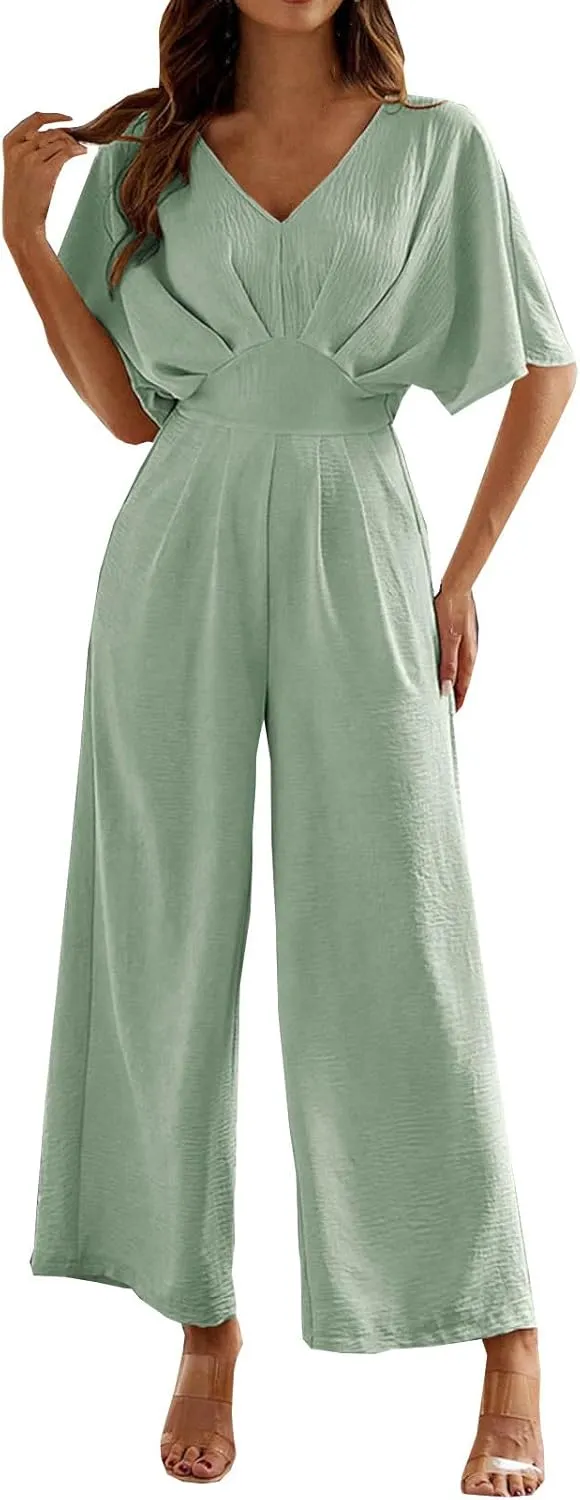 HGps8w Jumpsuits for Women Dressy One Piece Outfits Elegant Pleated V Neck High Waisted Wide Leg Pants Rompers with Pockets