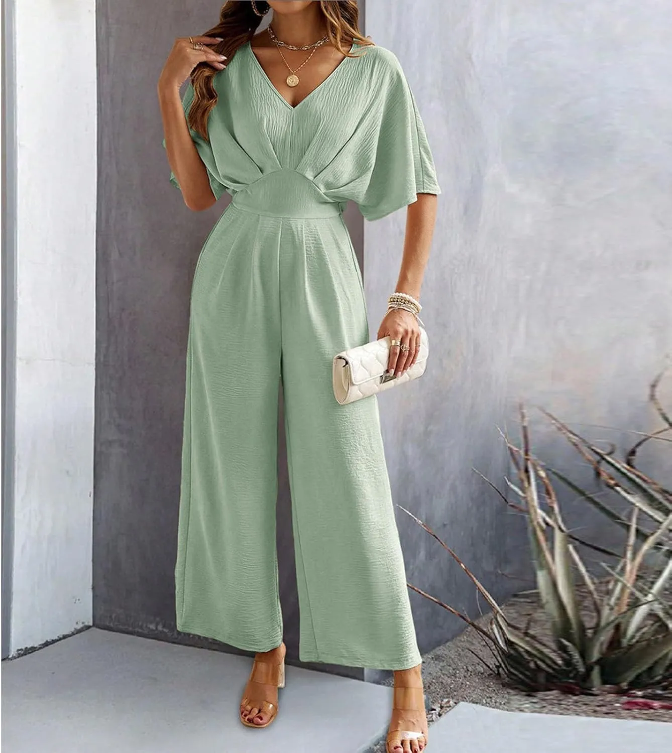 HGps8w Jumpsuits for Women Dressy One Piece Outfits Elegant Pleated V Neck High Waisted Wide Leg Pants Rompers with Pockets