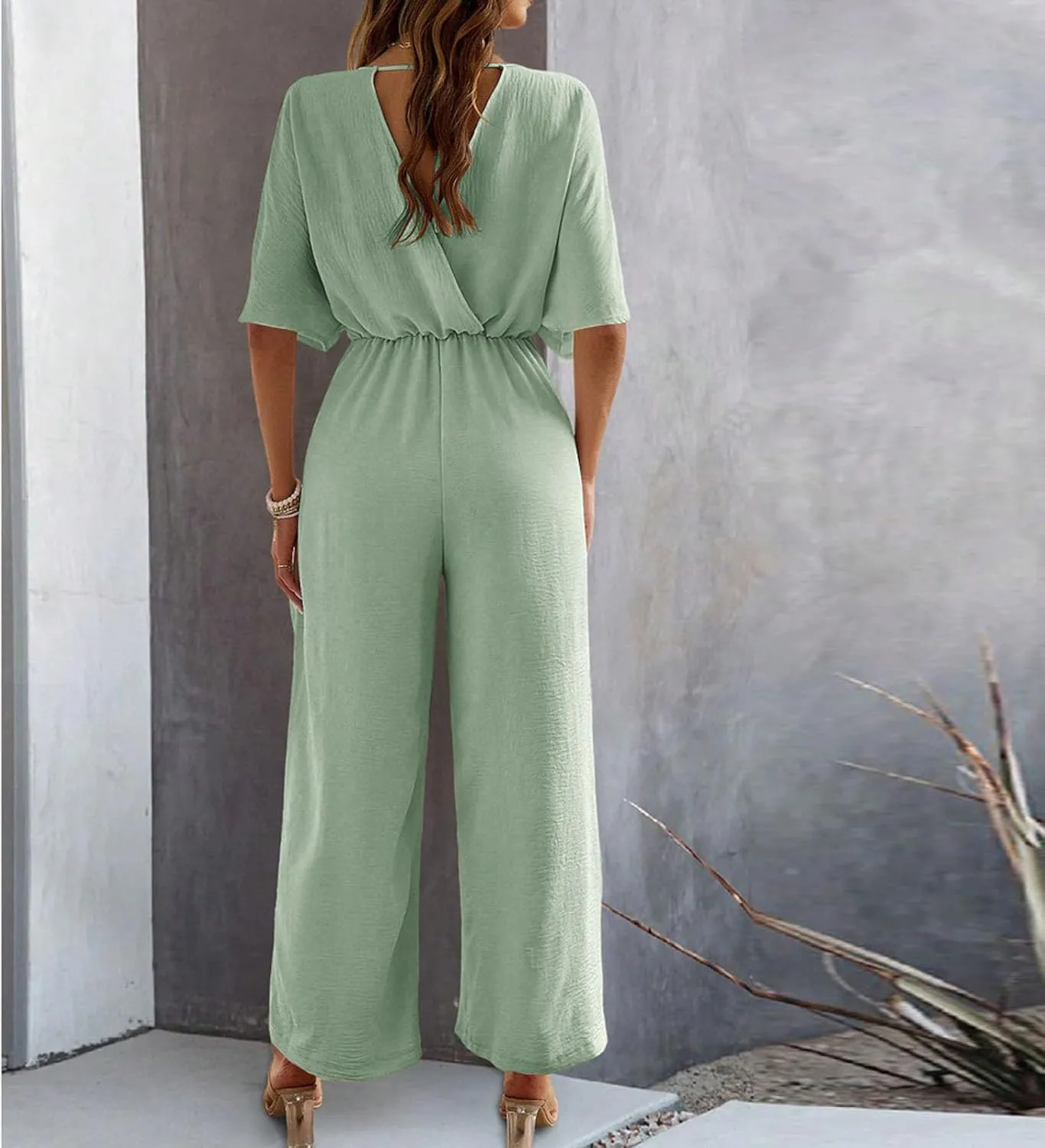 HGps8w Jumpsuits for Women Dressy One Piece Outfits Elegant Pleated V Neck High Waisted Wide Leg Pants Rompers with Pockets