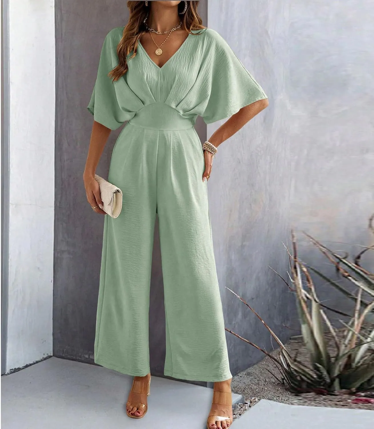 HGps8w Jumpsuits for Women Dressy One Piece Outfits Elegant Pleated V Neck High Waisted Wide Leg Pants Rompers with Pockets