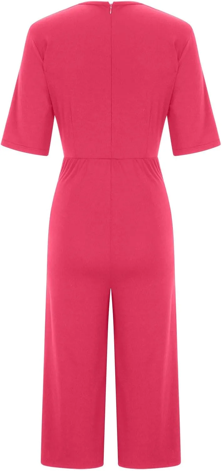 HGps8w Wide Leg Jumpsuits for Women Dressy Casual Half Sleeve V Neck Romper with Pockets Loose One Piece Outfits