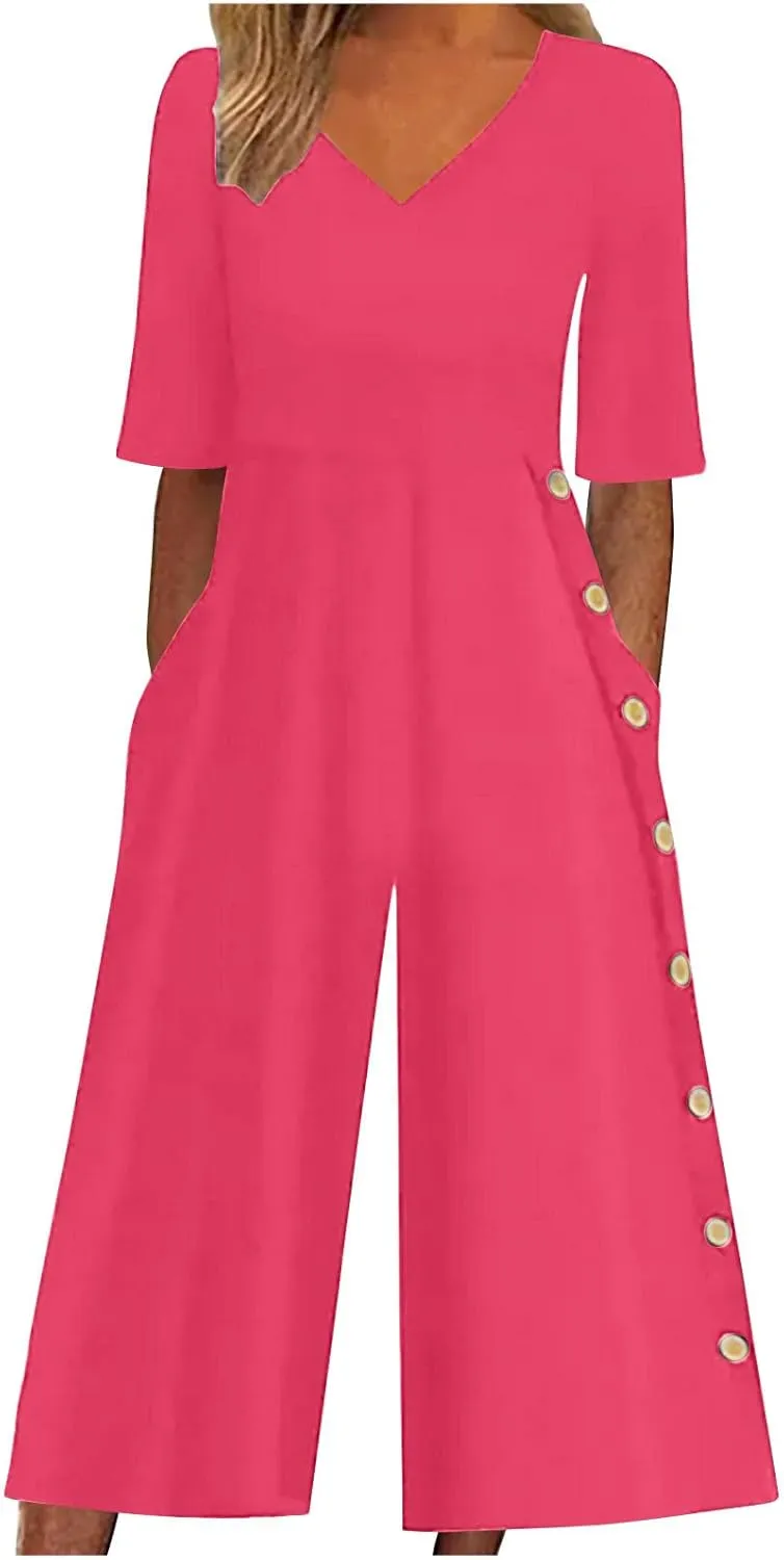 HGps8w Wide Leg Jumpsuits for Women Dressy Casual Half Sleeve V Neck Romper with Pockets Loose One Piece Outfits