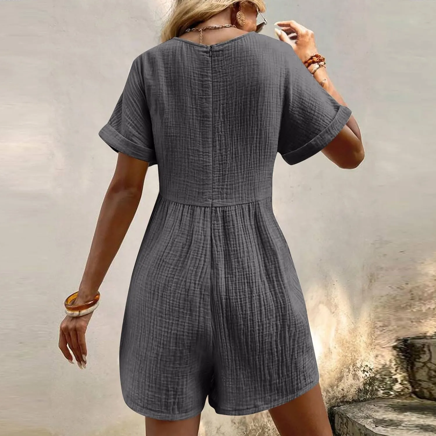 HGps8w Womens Cotton Linen Rompers Summer Short Sleeve V Neck Jumpsuit Casual Loose Overall Shorts Beach Outfits with Pockets