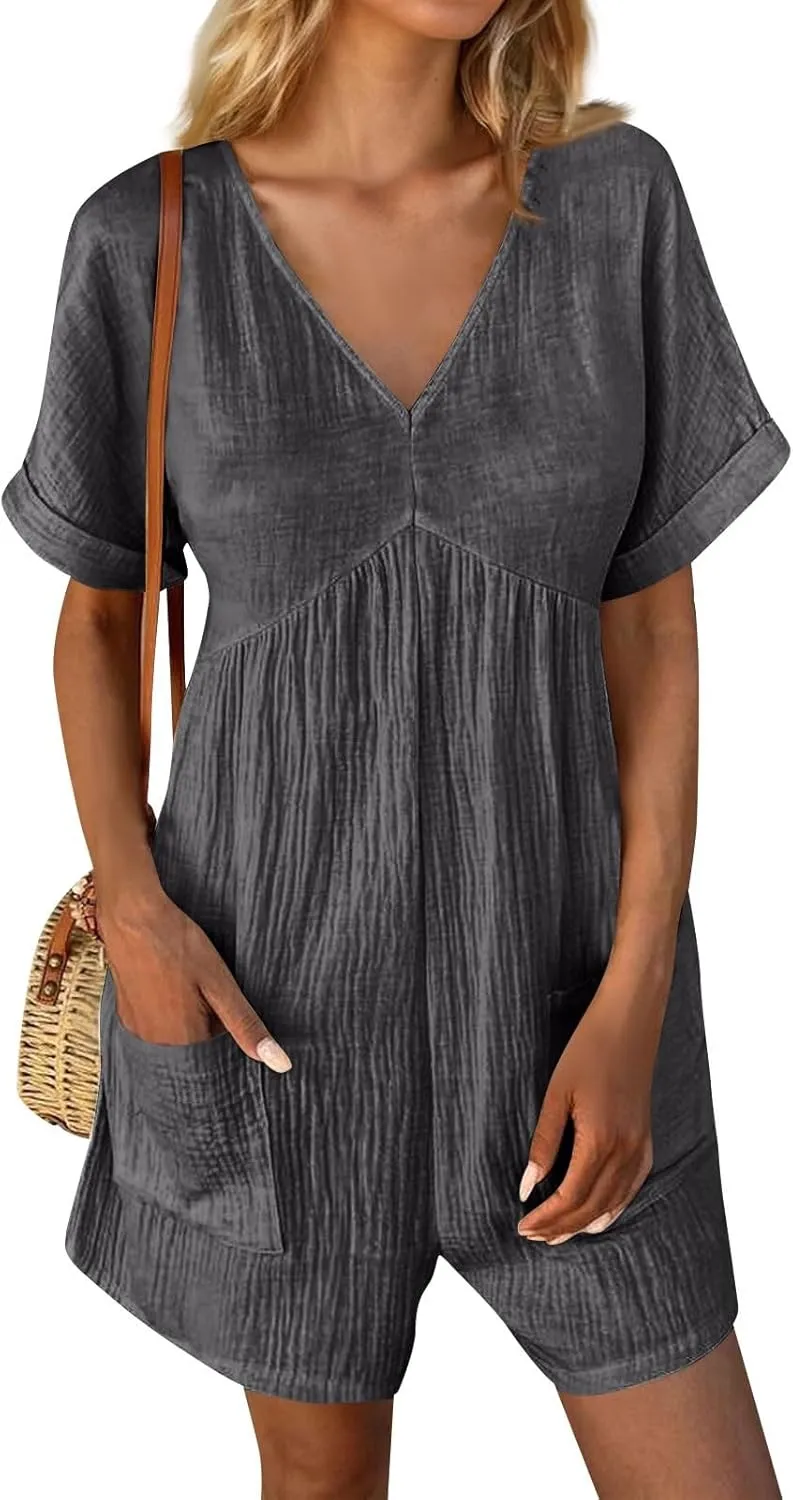HGps8w Womens Cotton Linen Rompers Summer Short Sleeve V Neck Jumpsuit Casual Loose Overall Shorts Beach Outfits with Pockets