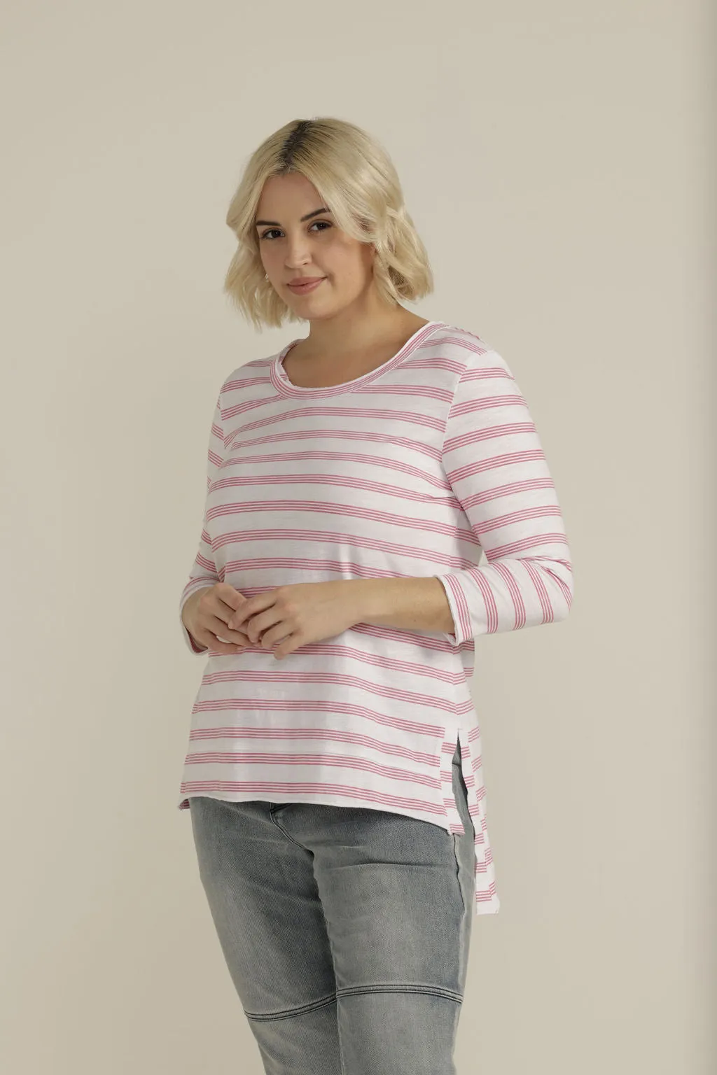Hi Lo Hem Striped 3/4 Sleeve Tee White/Hot Pink