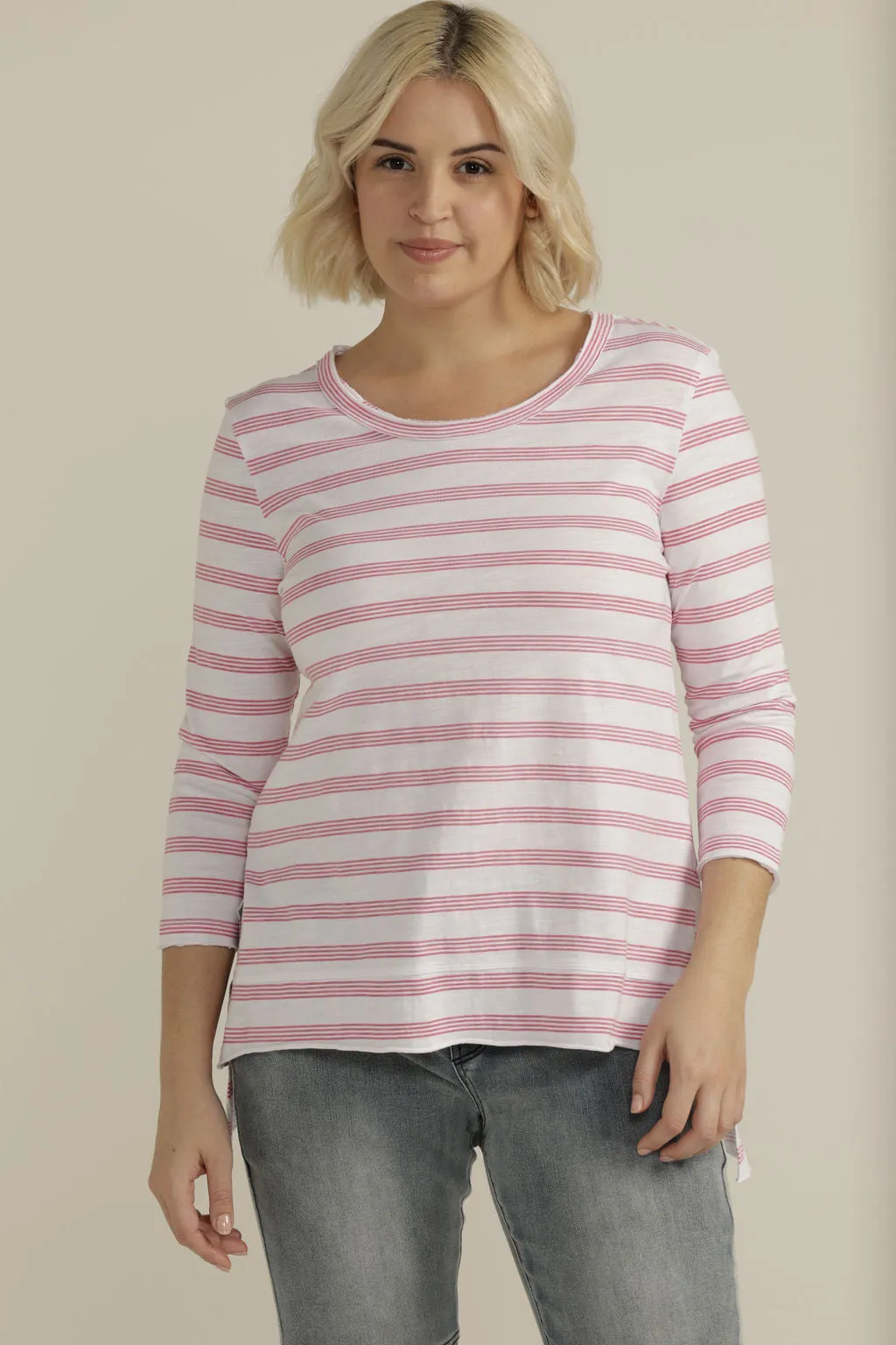 Hi Lo Hem Striped 3/4 Sleeve Tee White/Hot Pink