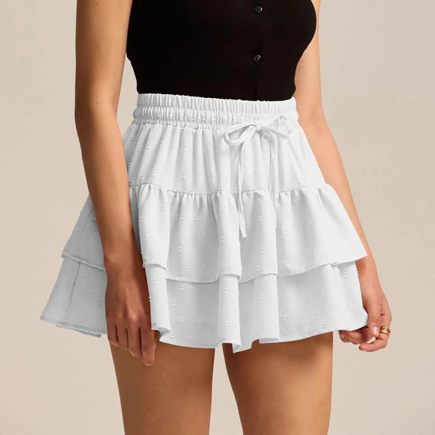 High Waist Ruffle Flowy Mini Skirts for Women Elastic Waist Solid Lined Layered Pleated Bow Vacation Short Skirt