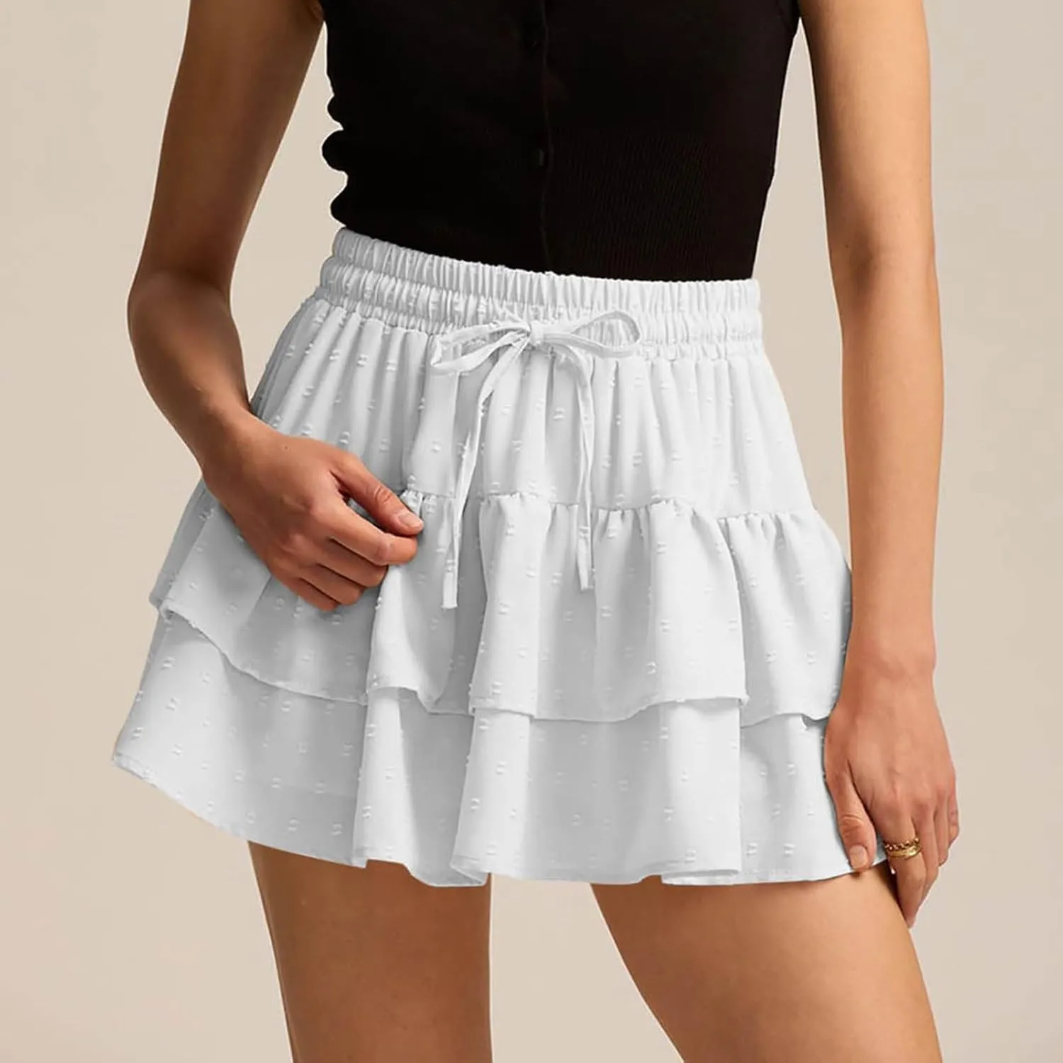 High Waist Ruffle Flowy Mini Skirts for Women Elastic Waist Solid Lined Layered Pleated Bow Vacation Short Skirt