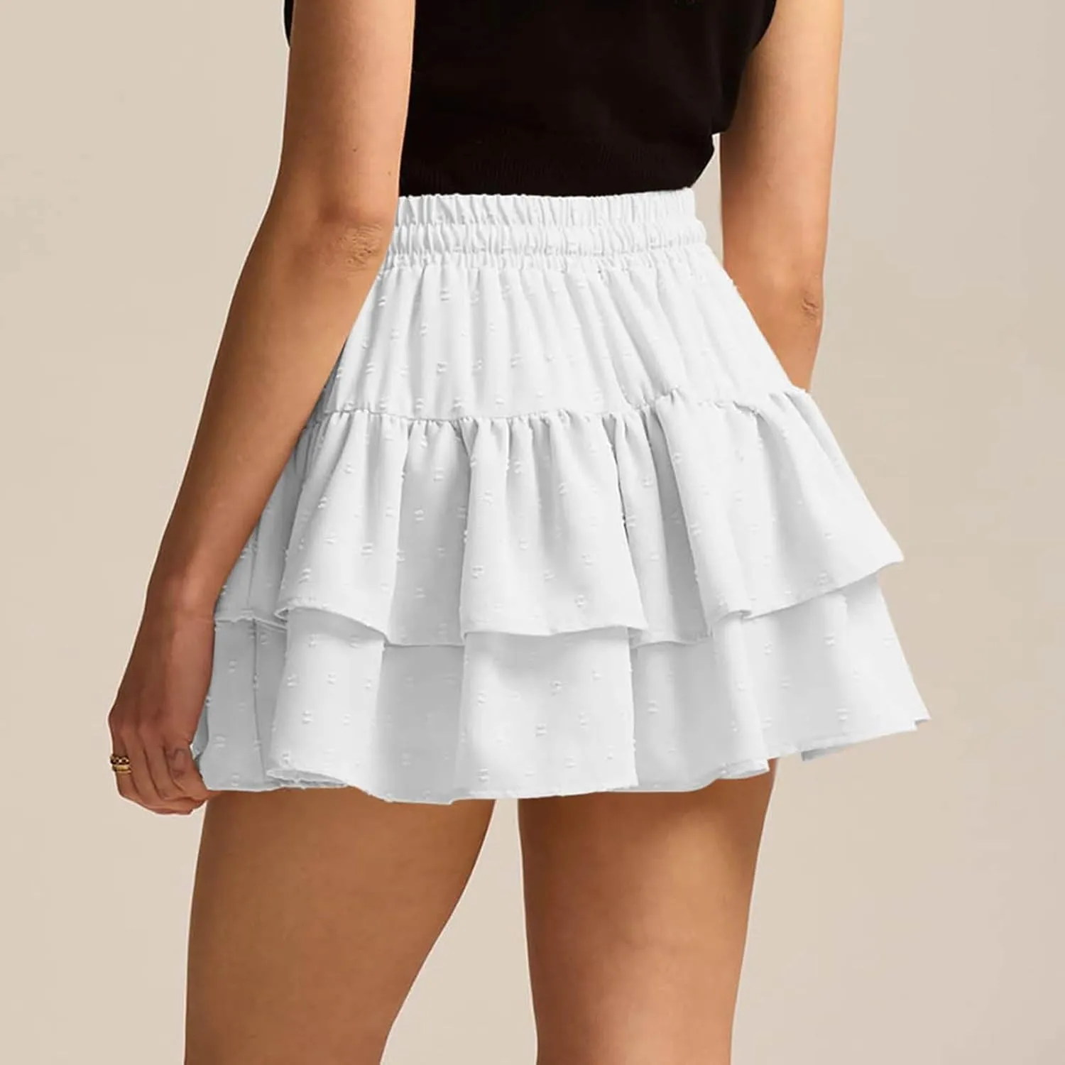 High Waist Ruffle Flowy Mini Skirts for Women Elastic Waist Solid Lined Layered Pleated Bow Vacation Short Skirt