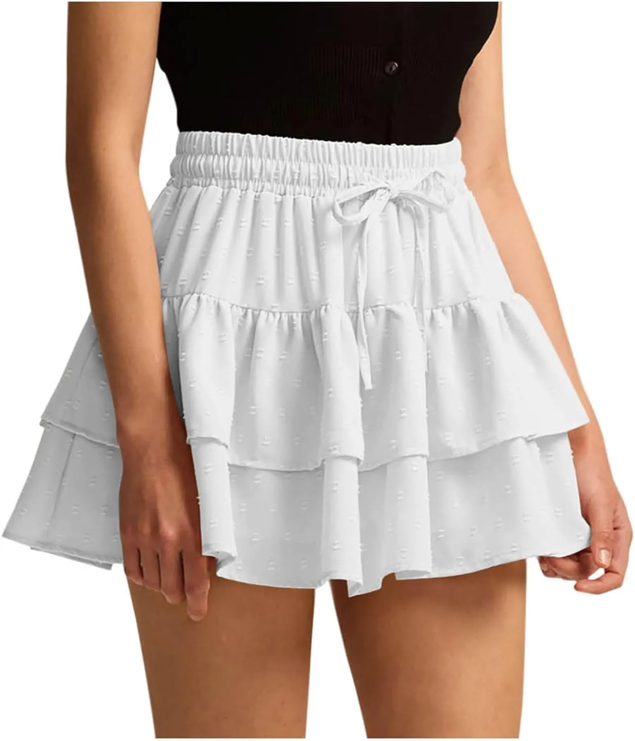 High Waist Ruffle Flowy Mini Skirts for Women Elastic Waist Solid Lined Layered Pleated Bow Vacation Short Skirt