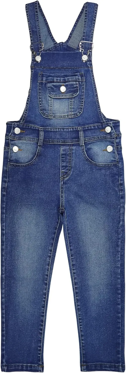 KIDSCOOL SPACE Girls Denim Overalls,Elastic Band Inside Flap Pockets Soft Stretchy Jeans Jumpsuit