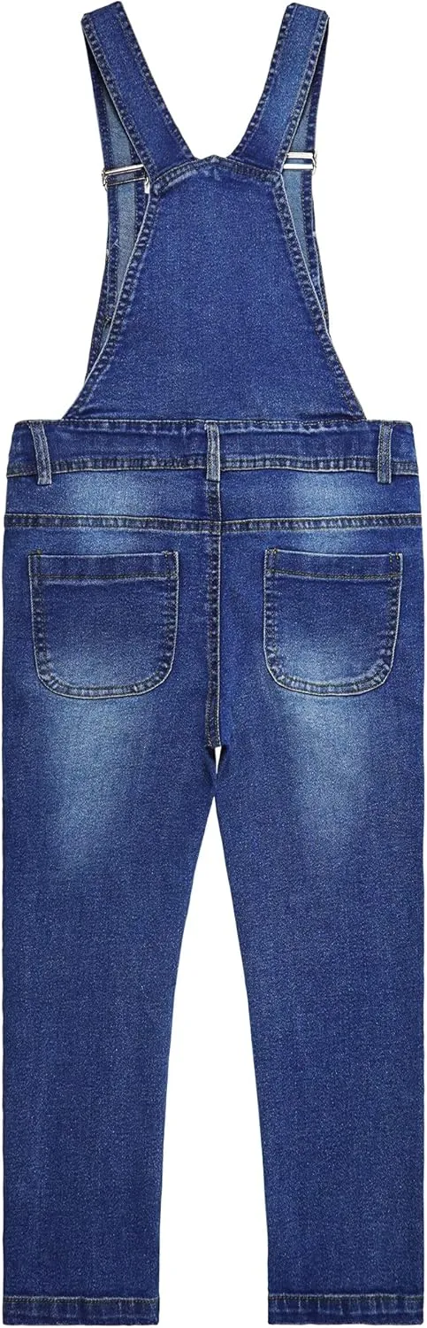 KIDSCOOL SPACE Girls Denim Overalls,Elastic Band Inside Flap Pockets Soft Stretchy Jeans Jumpsuit