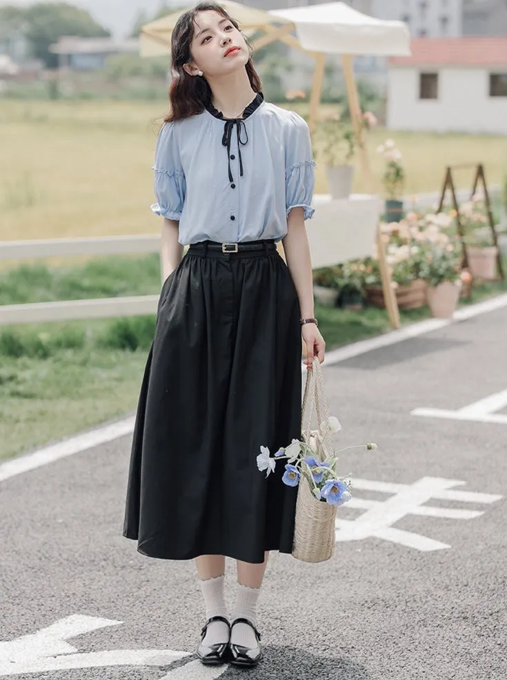 Lce Flared Long   Skirt Shirt Retro Summer Blue