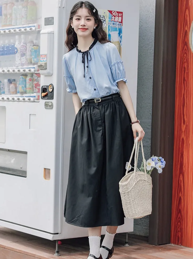 Lce Flared Long   Skirt Shirt Retro Summer Blue