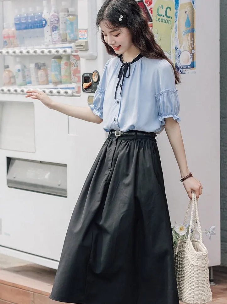 Lce Flared Long   Skirt Shirt Retro Summer Blue