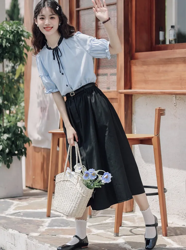 Lce Flared Long   Skirt Shirt Retro Summer Blue