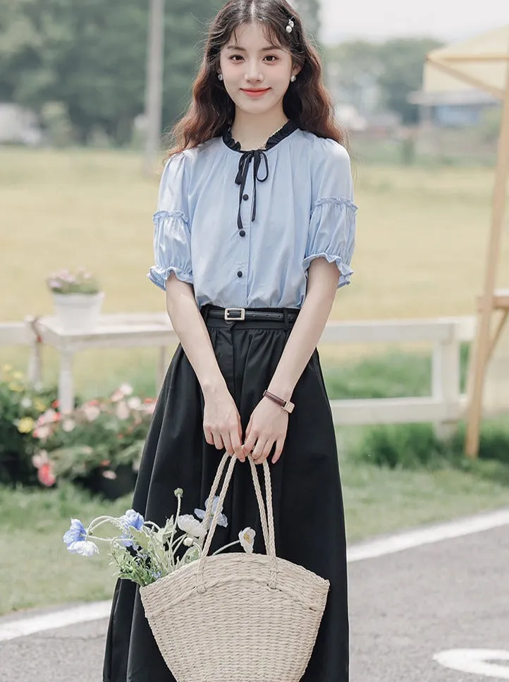Lce Flared Long   Skirt Shirt Retro Summer Blue