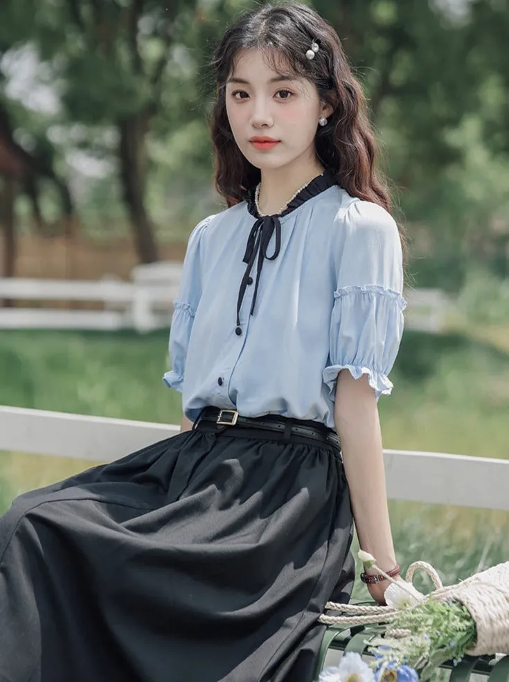 Lce Flared Long   Skirt Shirt Retro Summer Blue