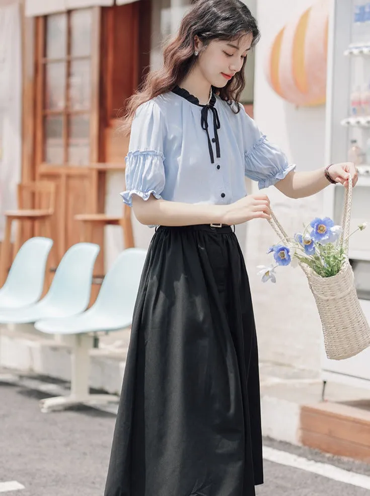 Lce Flared Long   Skirt Shirt Retro Summer Blue
