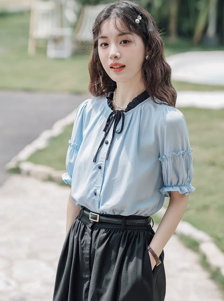 Lce Flared Long   Skirt Shirt Retro Summer Blue