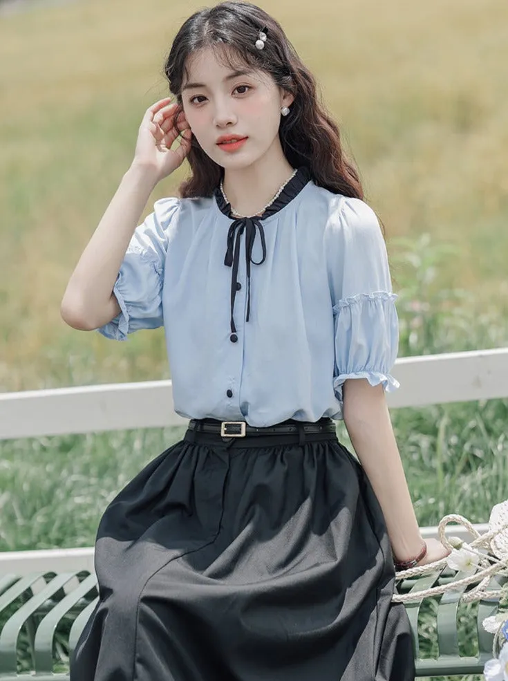 Lce Flared Long   Skirt Shirt Retro Summer Blue